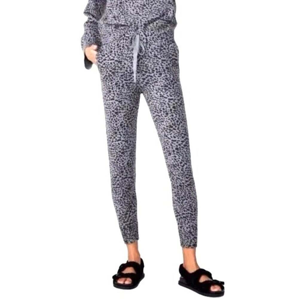 Monrow Joggers Womens Size Large NWT Drawstring Waist Leporad Print Gray/Black